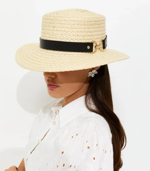 Stone Straw Boater Hat with Buckle Detail
