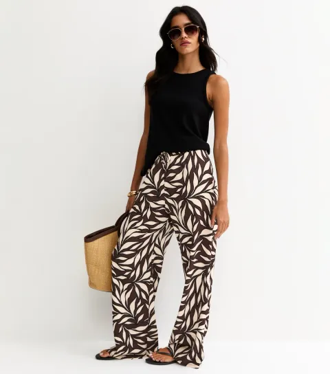 Women's Brown Leaf Print Crinkle Texture Wide Leg Trousers