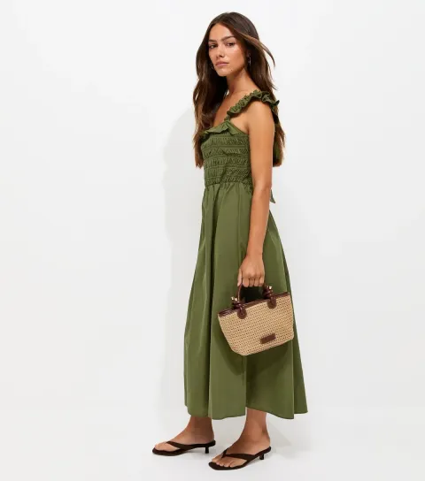Women's Petite Dark Khaki Cotton Tie Back Shirred Midi Dress