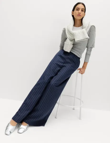 Marks & Spencer Pinstripe Elasticated Waist Wide Leg Trousers Navy Mix