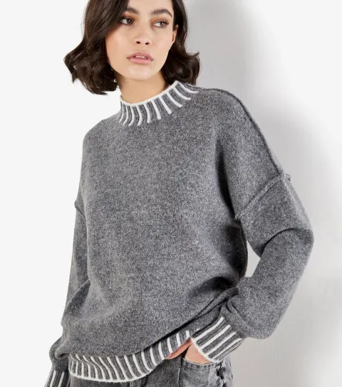 Women's Dark Grey Contrast Rib Jumper