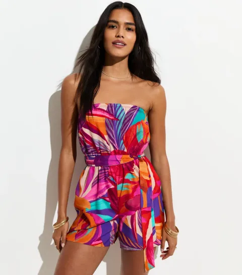 Women's Purple Tropical Leaf Crepe Playsuit