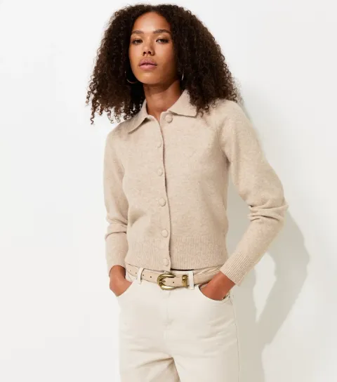Women's Oatmeal Midweight Knit Collared Button Front Cardigan