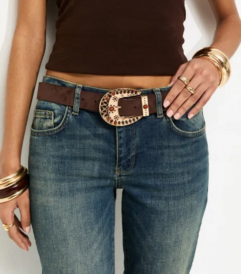 Brown Faux Suede Tribal Buckle Belt
