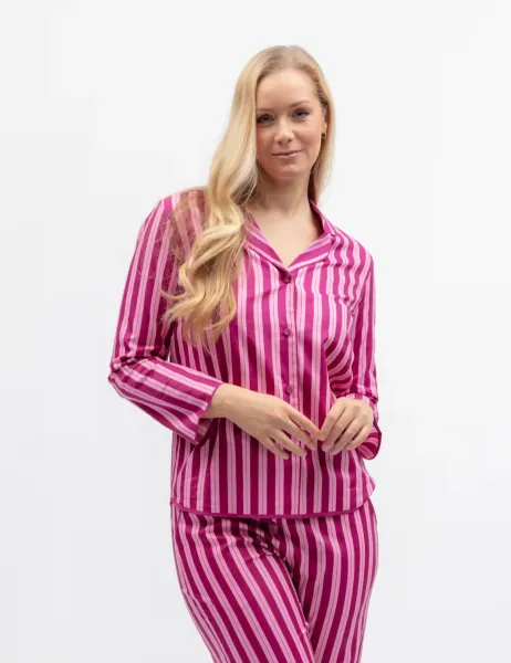 Cyberjammies Cotton Modal Striped Revere Pyjama Top Magenta