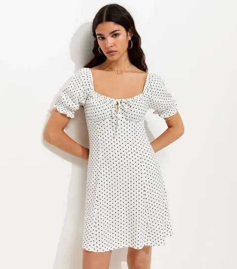 Women's Cream Polka Dot Crinkle Texture Milkmaid Mini Dress