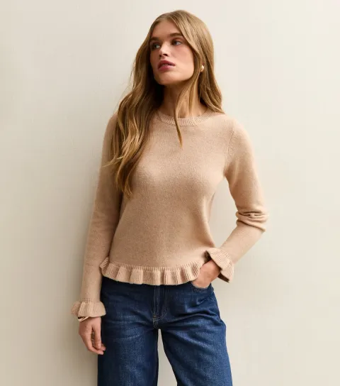 Women's Camel Frill Trim Crew Neck Jumper