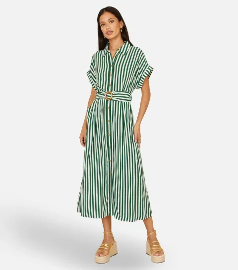 Women's Green Stripe Midi Shirt Dress