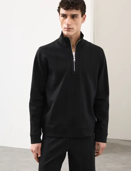 Autograph Pure Cotton Drop Needle Striped Half Zip Jacket Black