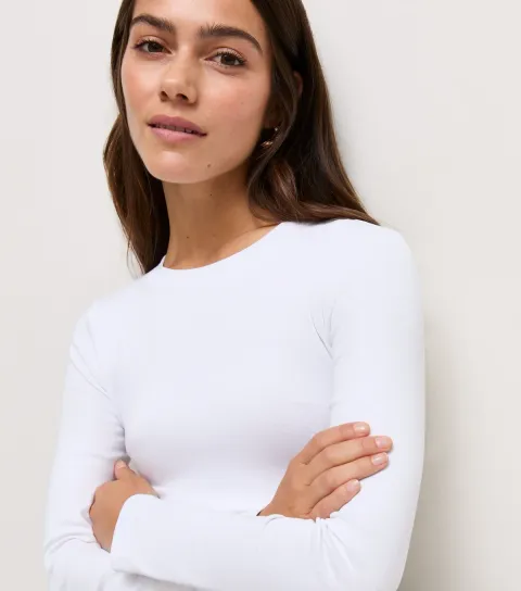Women's Petite White Long Sleeve Baby Tee T-Shirt