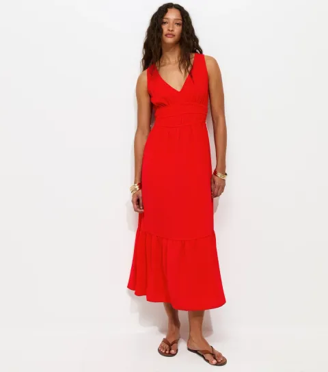 Women's Bright Red Ruched Waist V-Neck Midi Dress