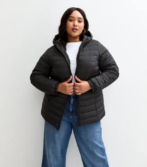 Women's Plus Size Black Hooded Padded Jacket Curves