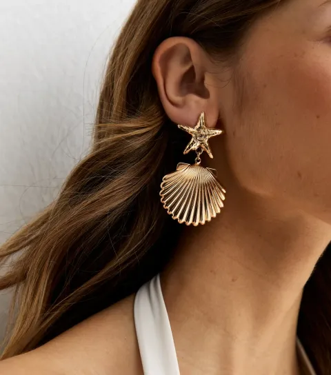 Gold Tone Large Starfish and Shell Drop Earrings