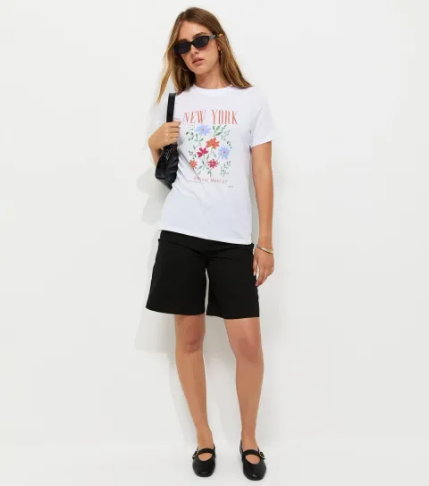 Women's White Cotton New York Flower Print Relaxed T-Shirt