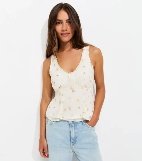 Women's Petite Cream Floral Chiffon Lace Trim Top