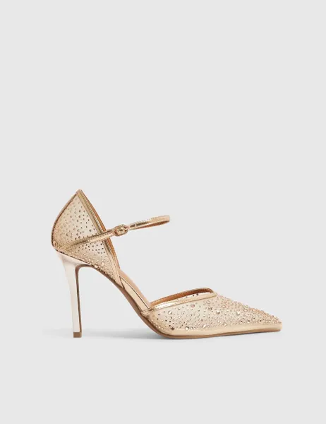 River Island Embellished Ankle Strap Stiletto Court Shoes Gold Mix