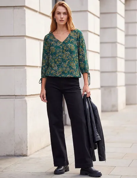 Roman Floral V Neck Stretch Top Olive