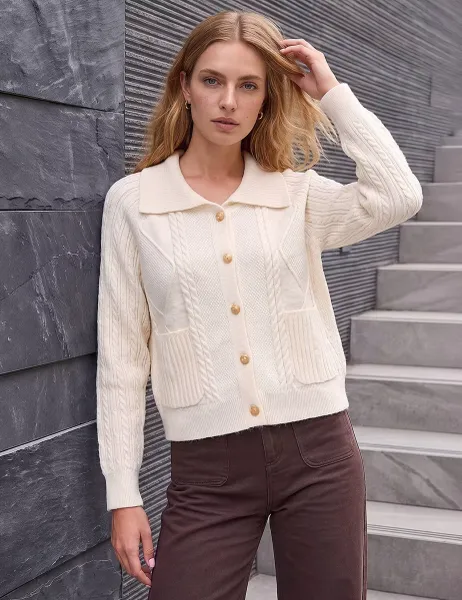 Roman Chunky Cable Knit Cardigan Ivory Mix