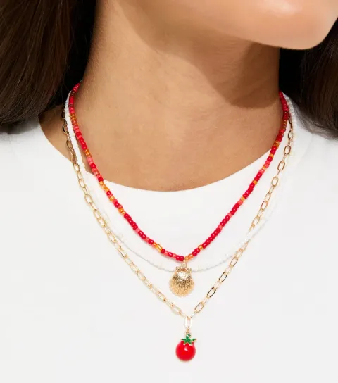 Pink Layered Seashell and Tomato Charm Necklace
