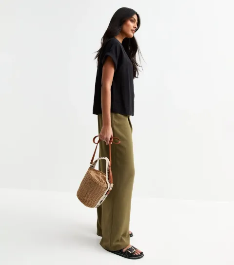 New Look Women's Dark Khaki Pleated Front Wide Leg Trousers
