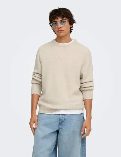 Only & Sons Knitted Crew Neck Jumper Beige Mix