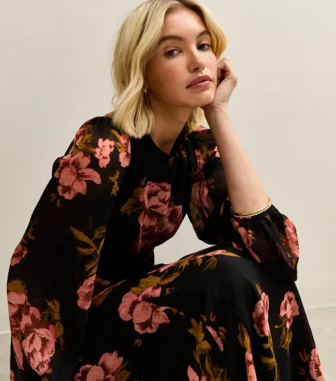 Women's Black Floral Long Sleeve Midi Dress