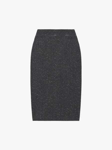 Flecked Pinstripe Slashed Zip Pencil Skirt