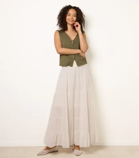 Women's Off White Jersey Waistband Tiered Skirt