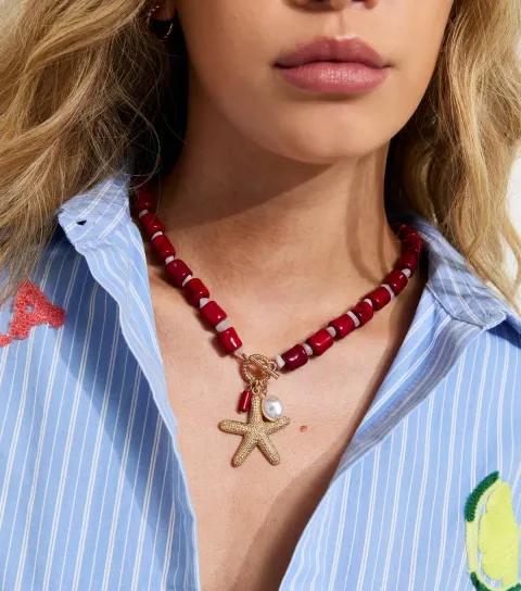 Bright Red Beaded Starfish Pendant Necklace