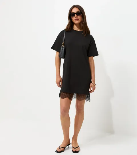 Women's Petite Black Cotton Lace Trim T Shirt Mini Dress