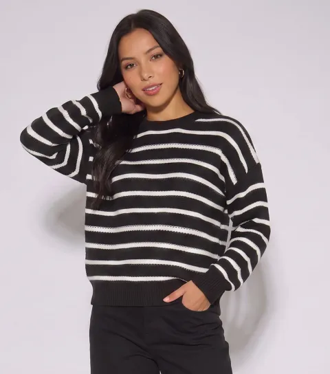 Gini London Women's Black Striped Chunky Knit Jumper