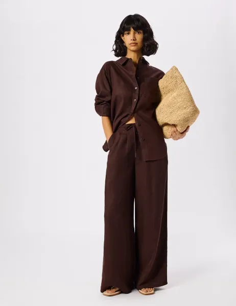 Whistles Pure Linen Drawstring Wide Leg Trousers Brown