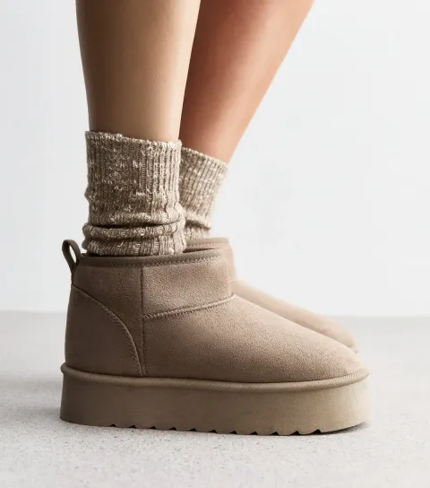 Women's Brown Suedette Faux Fur Lined Chunky Flatform Boots Vegan