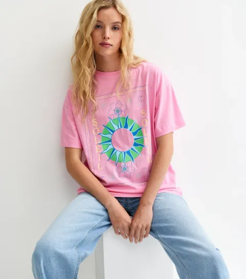 Women's Bright Pink Soleil Mystic Print Oversized T-Shirt