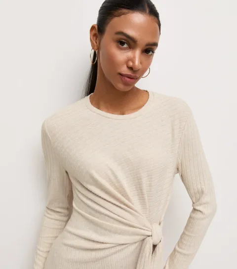 Women's Oatmeal Ribbed Tie Front Long Sleeve Midi Dress
