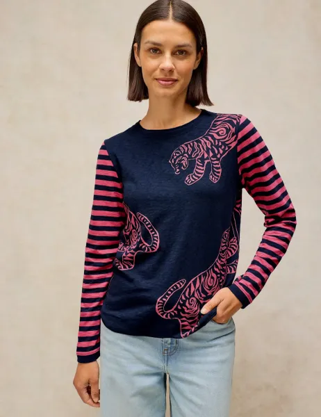 White Stuff Pure Cotton Printed T-Shirt Navy Mix