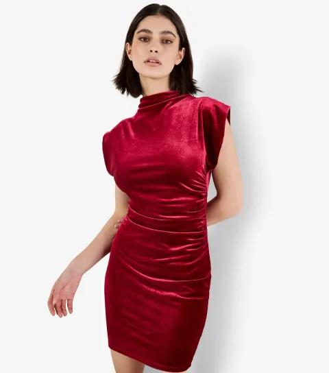 Women's Red Velvet Cowl Neck Ruched Mini Dress
