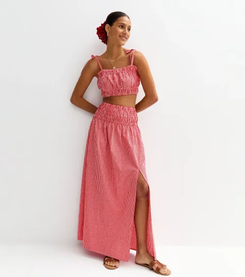 Women's Red Gingham Check Slit Hem Maxi Skirt