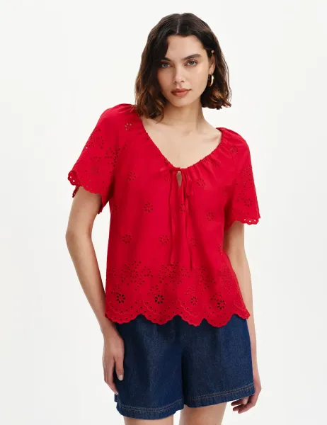 Pure Cotton Embroidered Drawstring Top Red