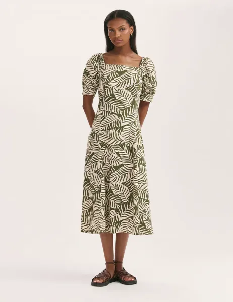 Finery London Leaf Print Square Neck Midi Tea Dress Green Mix