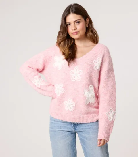 Blue Vanilla Women's Pink V-Neck Floral Pearl Embellished Jumper