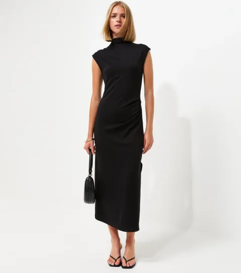 Women's Black High Neck Ruched Sleeveless Midi Dress