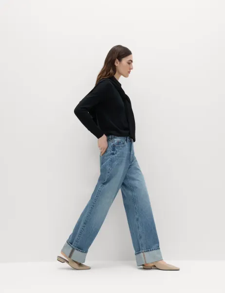 Marks & Spencer High Waisted Wide Leg Turn Up Jeans Medium Indigo