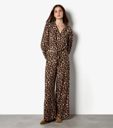 Women's Brown Leopard Print Wide Leg Trousers