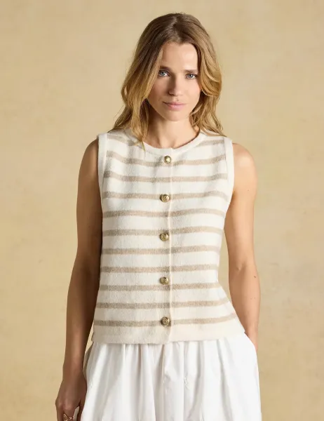 Joules Striped Button Through Knitted Vest Waistcoat Cream Mix