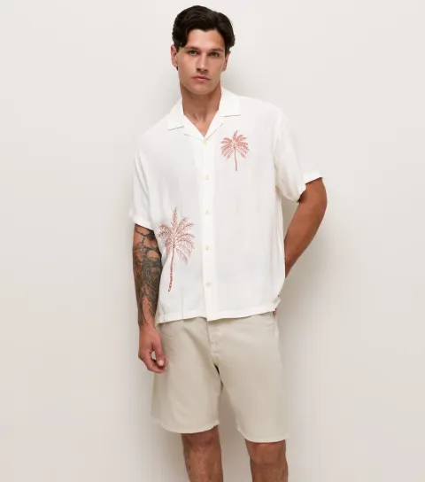 Men's White Embroidered Palm Tree Shirt