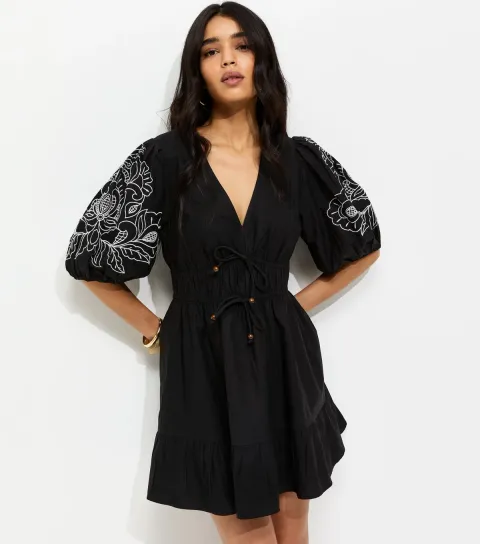 New Look Women's Black Cotton Embroidered Puff Sleeve Mini Dress