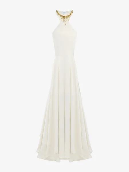 Gold Leaves And Crystal Embroidery Evening Dress