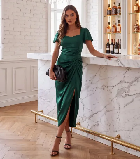 AX Paris Women's Teal Satin Ruched Short Sleeve Midi Dress