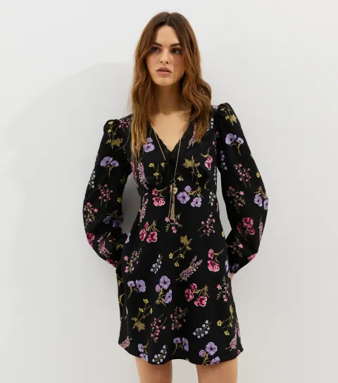 Women's Black Floral Lace Trim Puff Sleeve Mini Dress